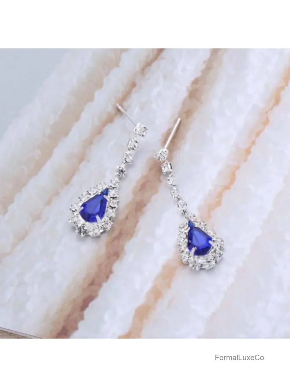 Blue Crystal Teardrop Dangle Earrings Rhinestone Drop Earrings Bridal Wedding